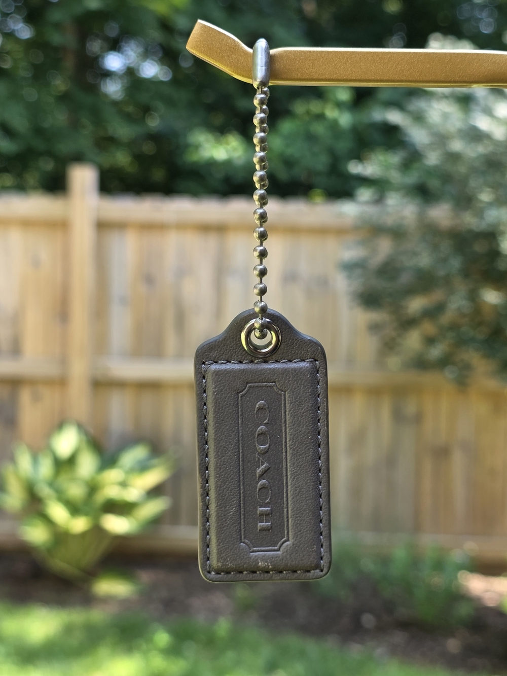 COACH Large Greige Leather Hangtag W/ Metallic Silver Ball Chain